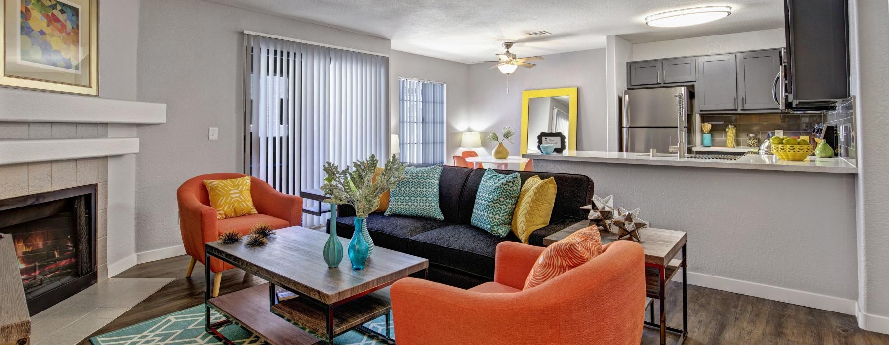 a living room with a fireplace