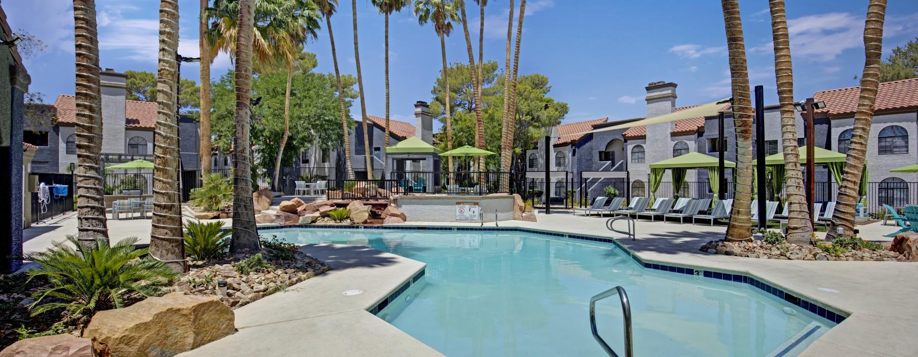 a swimming pool with palm trees
