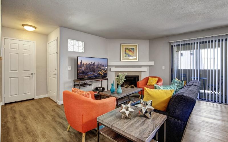 a living room with a fireplace